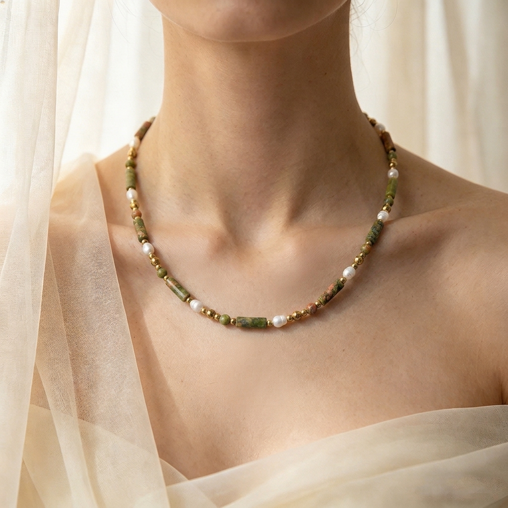 Women's Minimalist Cylinder Bead Necklace with Golden Accents
