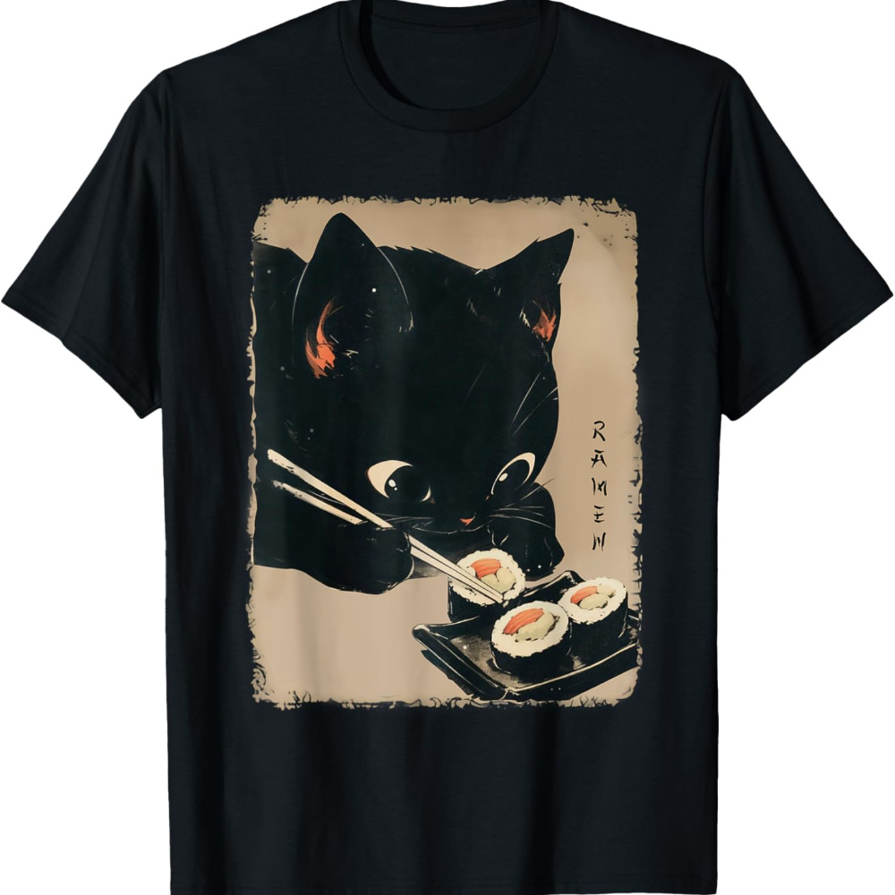 

180g 100% -sided Printed Crew Neck Short Sleeve T-shirt Sxl Kawaii Cat Eating Sushi Funny Japanese Anime Cute T-shirt Christmas Gifts For Men/ Dad/ Family