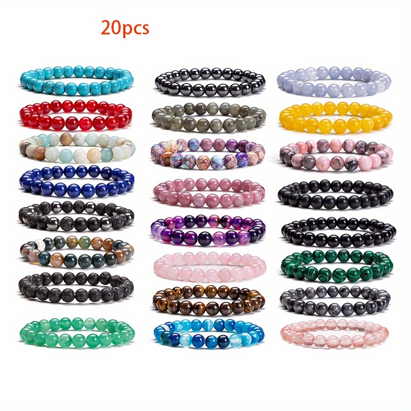 TEMU Set Of 20pcs Of 8mm Assorted Natural Stone Beaded Bracelets, Featuring A Stretchy , Stylish And Chic, Use At And Celebrations, An Ideal Present