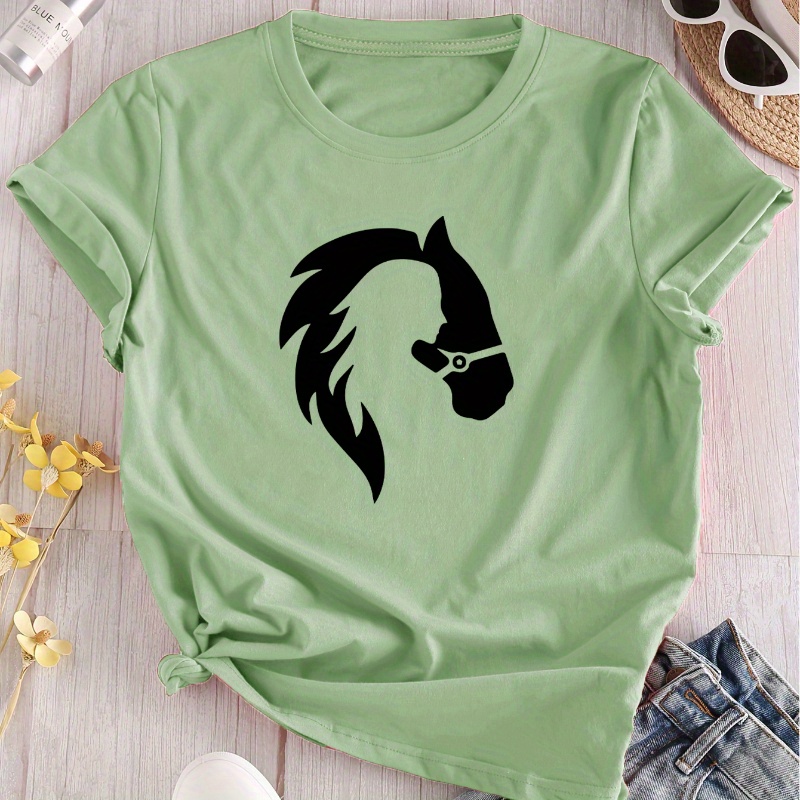 

Women's Horse Print T-shirt - Comfy Stretch, Crew Neck, Short Sleeve Top, Horse Lover Gifts