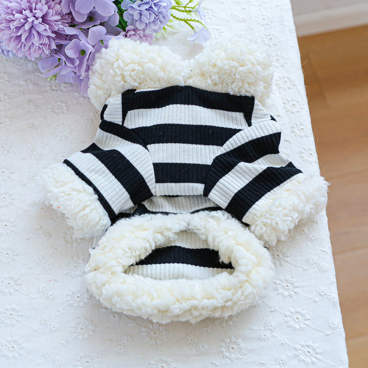 plushball hooded pet sweatshirt black and white striped lined dog clothes teddy chihuahua   winter warm pullover Product details 7