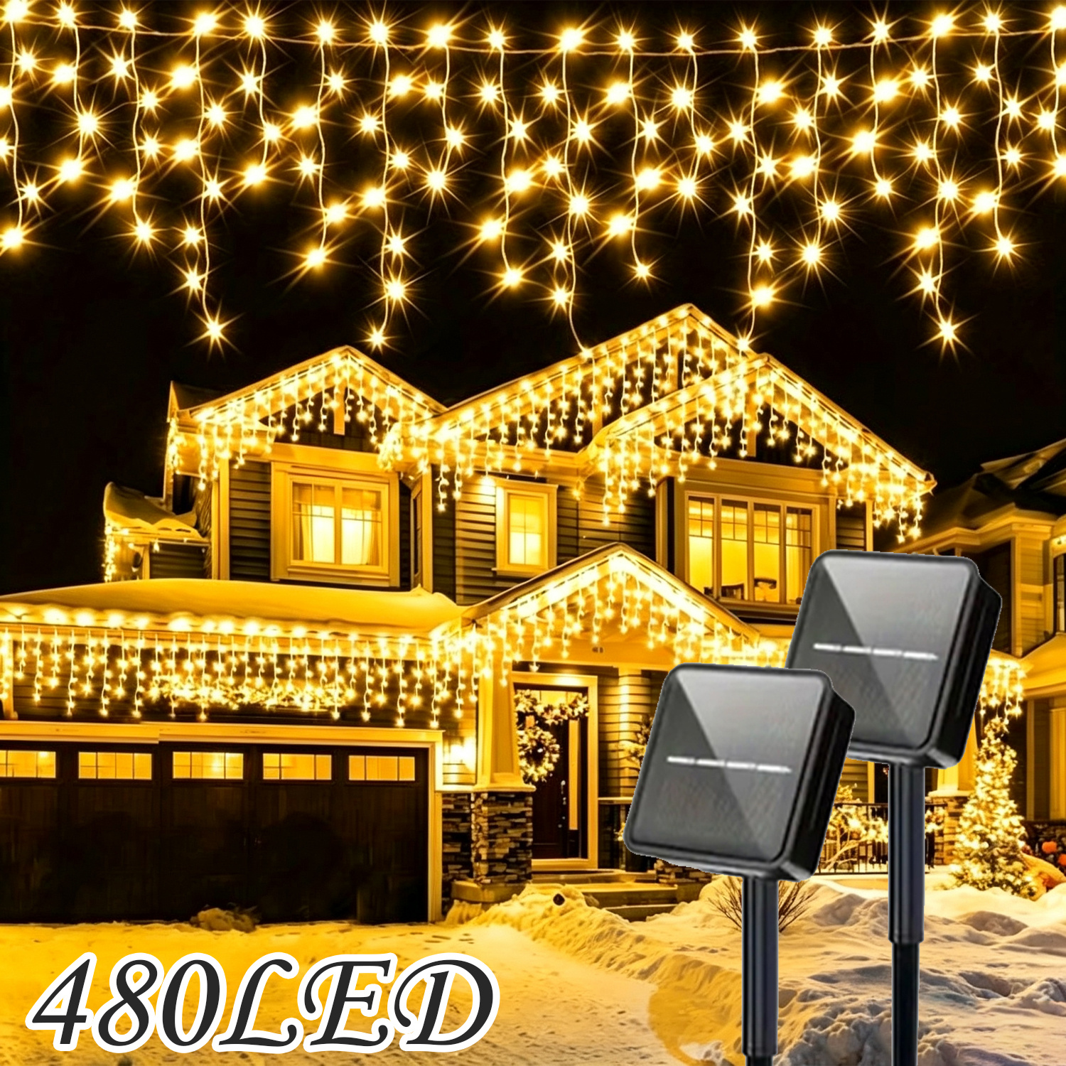 TEMU 480/240 Led Solar Icicle Fairy String Lights, 8 Ip65 Waterproof Outdoor Christmas Hanging Lights For Garden Patio Balcony Party Wedding Decor,