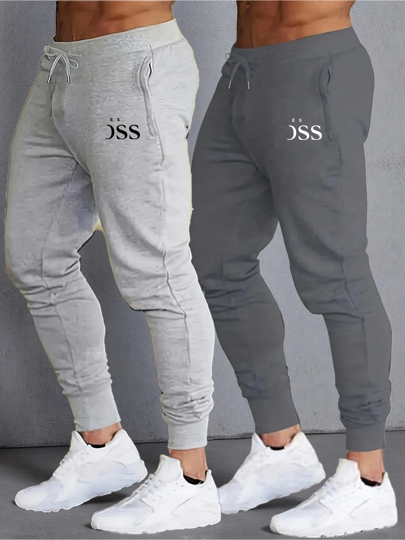 Men's 2-Tone Jogger Pants with Elastic Waist & Drawstring - Dark Green/Black/Navy Blue Gym Track Pants, White Logo Print, 100% Polyester Athletic Casual Trousers for Training, Workout & Casual Attire (Machine Washable)