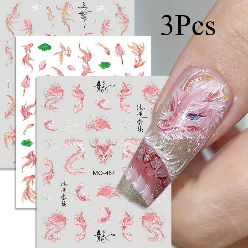 3pcs 5d Embossed Chinese Style Nail Art Sticker Self-adhesive Decals For Elegant Nail Decoration For Women And