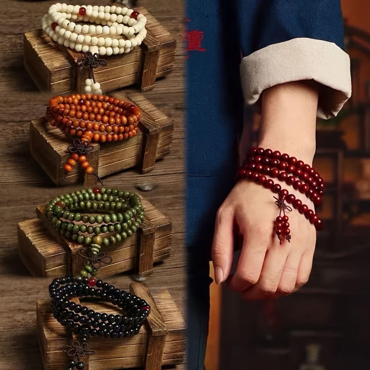 TEMU 5pcs Wooden Mala Bead Bracelet Set Natural Wood Meditation Yoga Jewelry