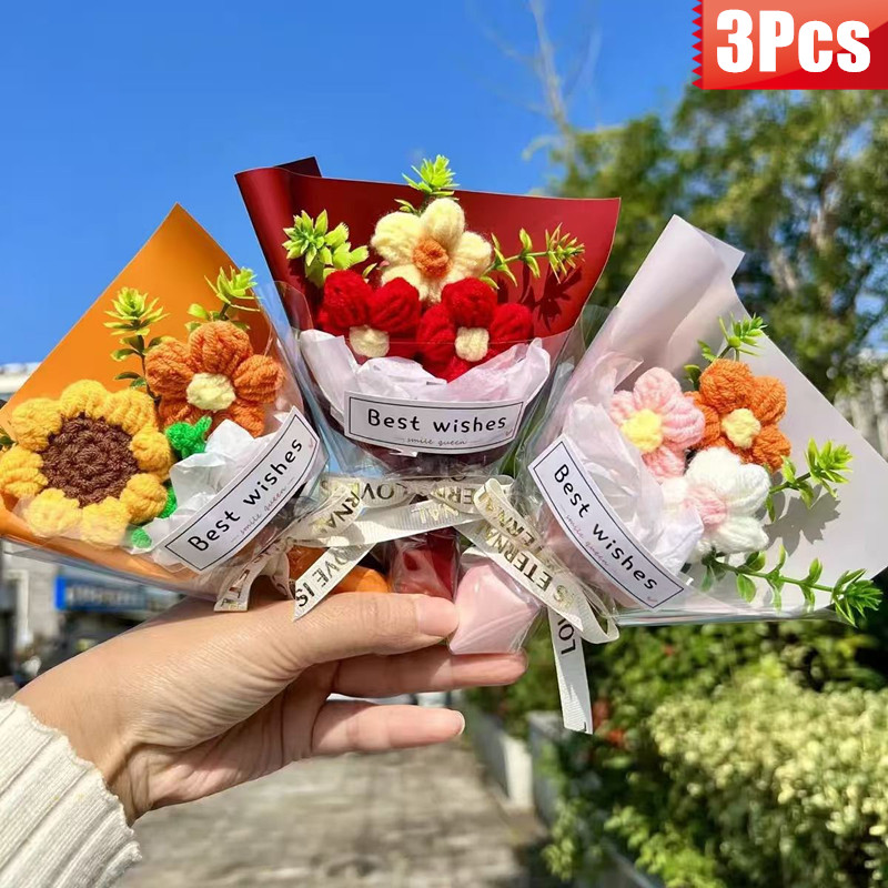 TEMU 3pcs Artificial Bouquet Handmade Mini Crochet Bouquets - Realistic Miniature Flower Arrangements Suitable For Wedding Centerpieces, Halloween