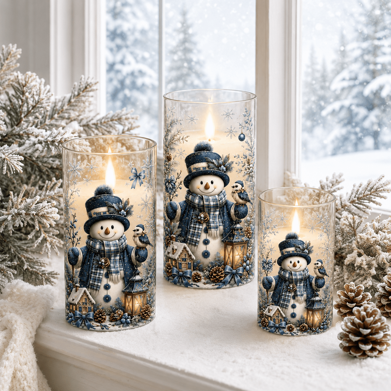 TEMU 3pcs Christmas Snowman Flameless Led Candle Set Blue Snowman Bird Lantern Snowflake Pattern Warm Flickering Decorative Lights For Living Room