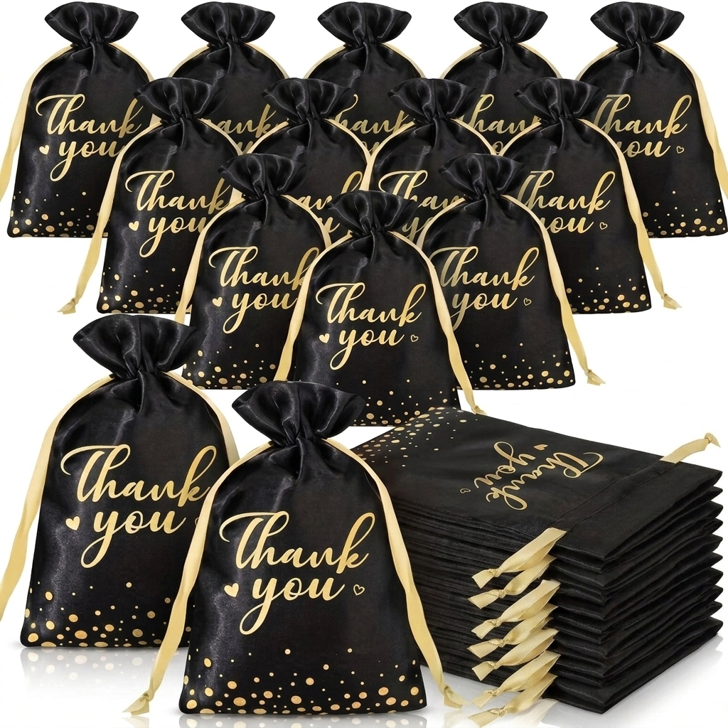 TEMU Gift For Her/him 20pcs Pack Of 20pcs Black Satin Drawstring Gift Bags With Closure - Soft Foldable Suitable For Wedding Favors, Birthday Party