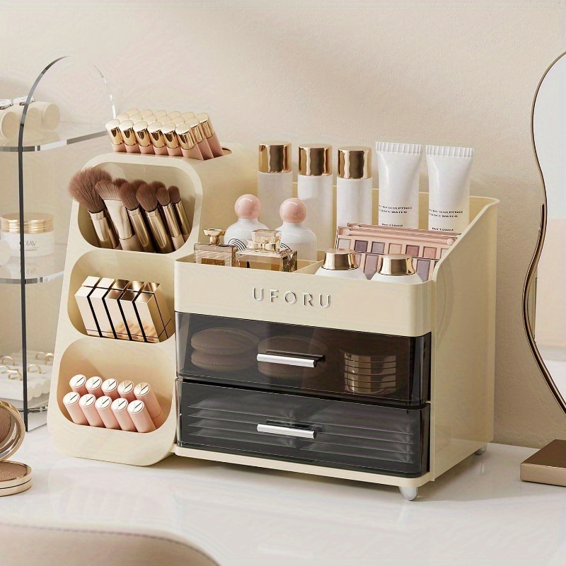 makeup organizer vanity with brush holder, countertop organizer with 2 drawers,   cosmetic display  , skincare, lipstick, makeup organizer with  , cosmetics storage organizer, makeup storage box, makeup organizers and storage, skincare storage, compact beauty display, modern vanity tray, lightweight storage solution, rustresistant organizer, makeup brush holder, skincare routine, makeup artists Product details 1