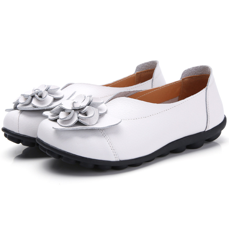 Women's Pink Genuine Flats, Moccasins Rounded Toe Decorated With 3d Fabric Flowers, Soft Lining, Comfortable Daily Commuter Shoes, Women Shoes