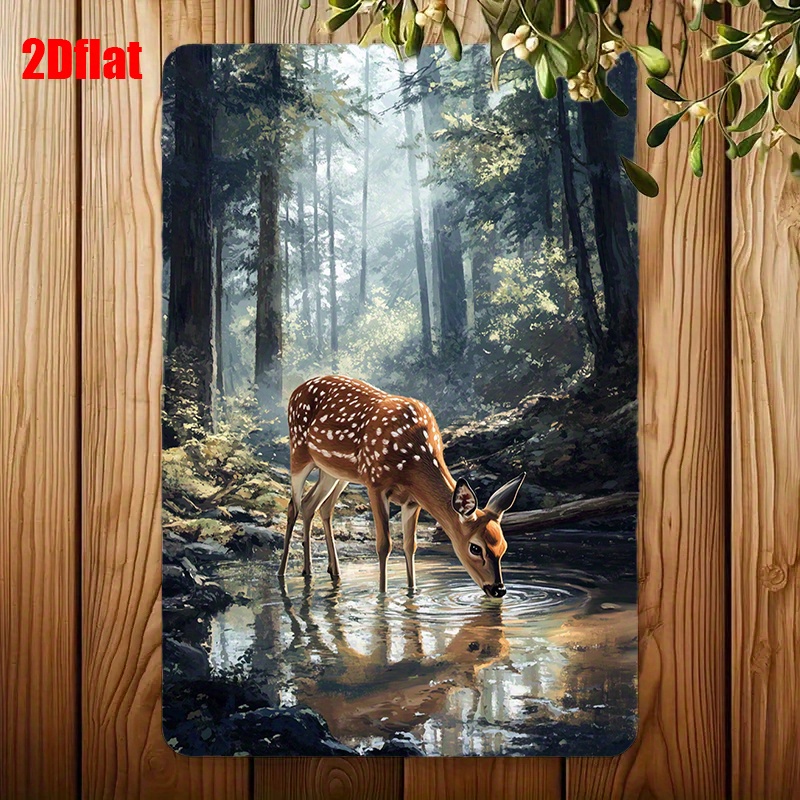 TEMU 2d Flat, Vintage 2d Metal Plate, 1pc - Water-drinking Deer In Wall Art, Rustic Iron Decoration 20.32x30.48cm For Bar, Café, Garage, Reusable And