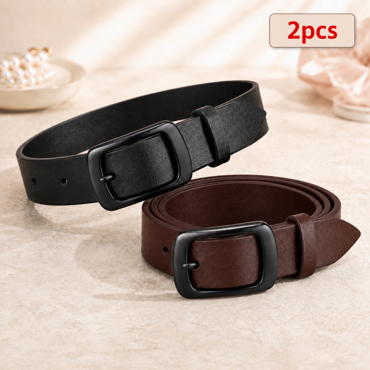 Image of 2pcs Women's Vintage Textured Belt Set, Classic Rectangular Pin Waist Belts For Jeans, Dresses, Casual Pants And Everyday Outfits