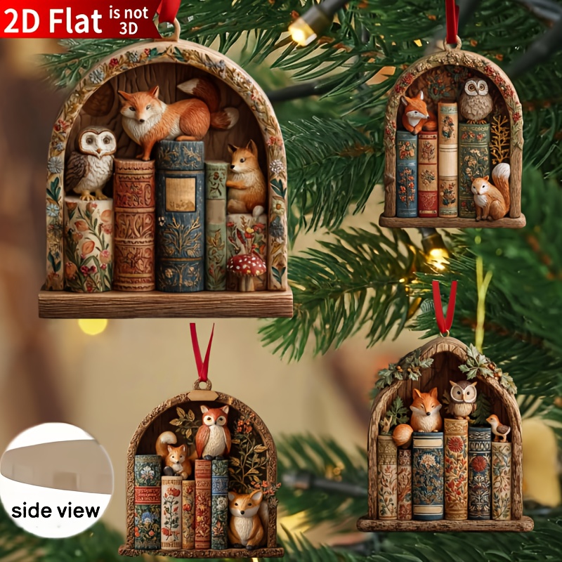 TEMU 2d Flat, 4pcs Wooden Woodland Animal Bookshelf Decorations Suitable For Christmas Tree - Mini Fox, Owl, Squirrel Shelf Decor, Hanging Ornaments,