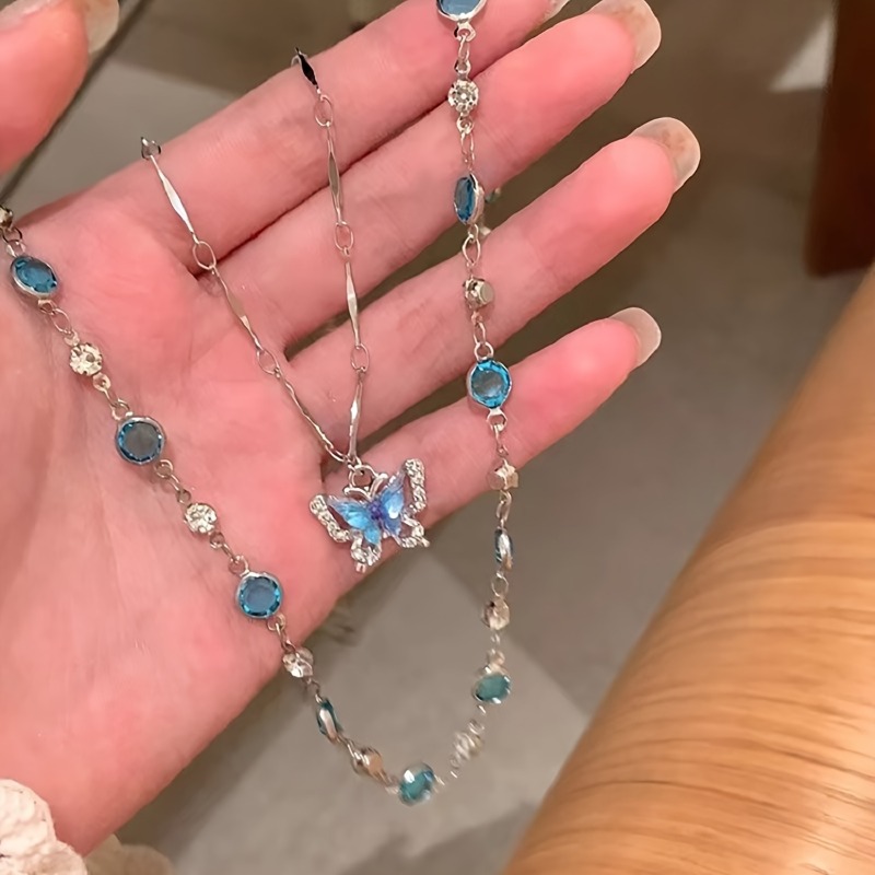 TEMU Elegant Double-layer Pendant Necklace | Exquisite And Luxurious Blue Synthetic Zirconia, Suitable For Gift Giving, Vacation, And Valentine's Day