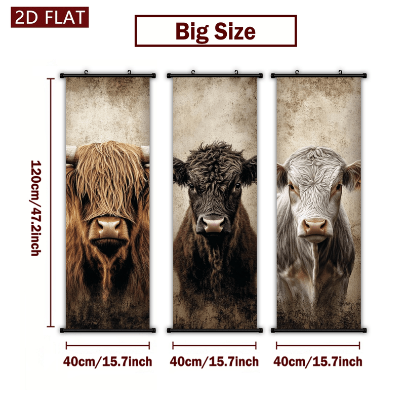 TEMU 2d Flat, 2d/flat 3pcs Vintage Distressed Highland Cow Portrait Plastic Scroll Wall Hanging Art, Hd Printed Fade-resistant Modern Wall Decor For