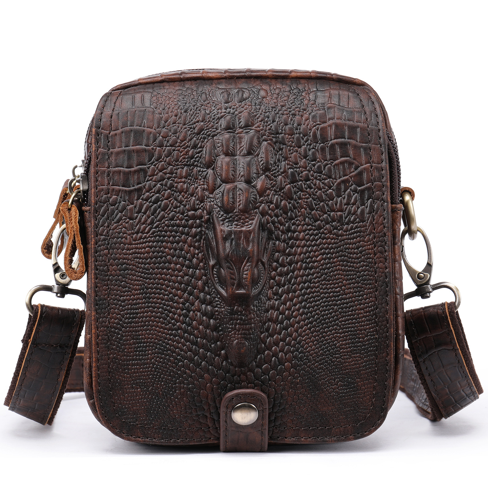 Image of Wixzor Men's Genuine Cowhide Crossbody Sling Bag, Crocodile Embossed Pattern Mini Shoulder Bag With Adjustable Detachable Strap, Multi Zipper Pockets Fits Cell Phone Cards For