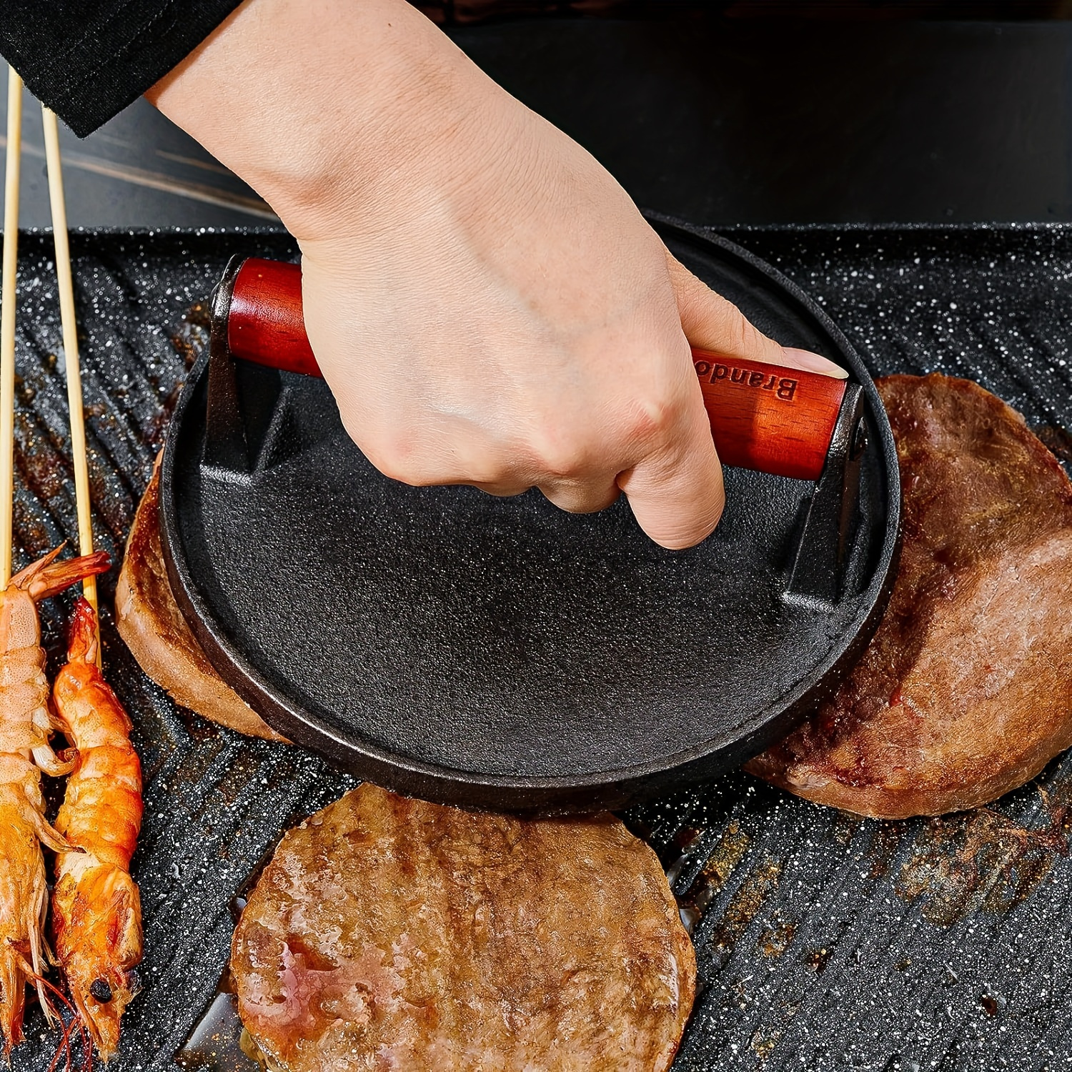 

Heavy-duty Cast Iron Roast Or Hamburger Press - Food-grade Press For Perfect , With Wooden Handles To And A Chassis With Marks