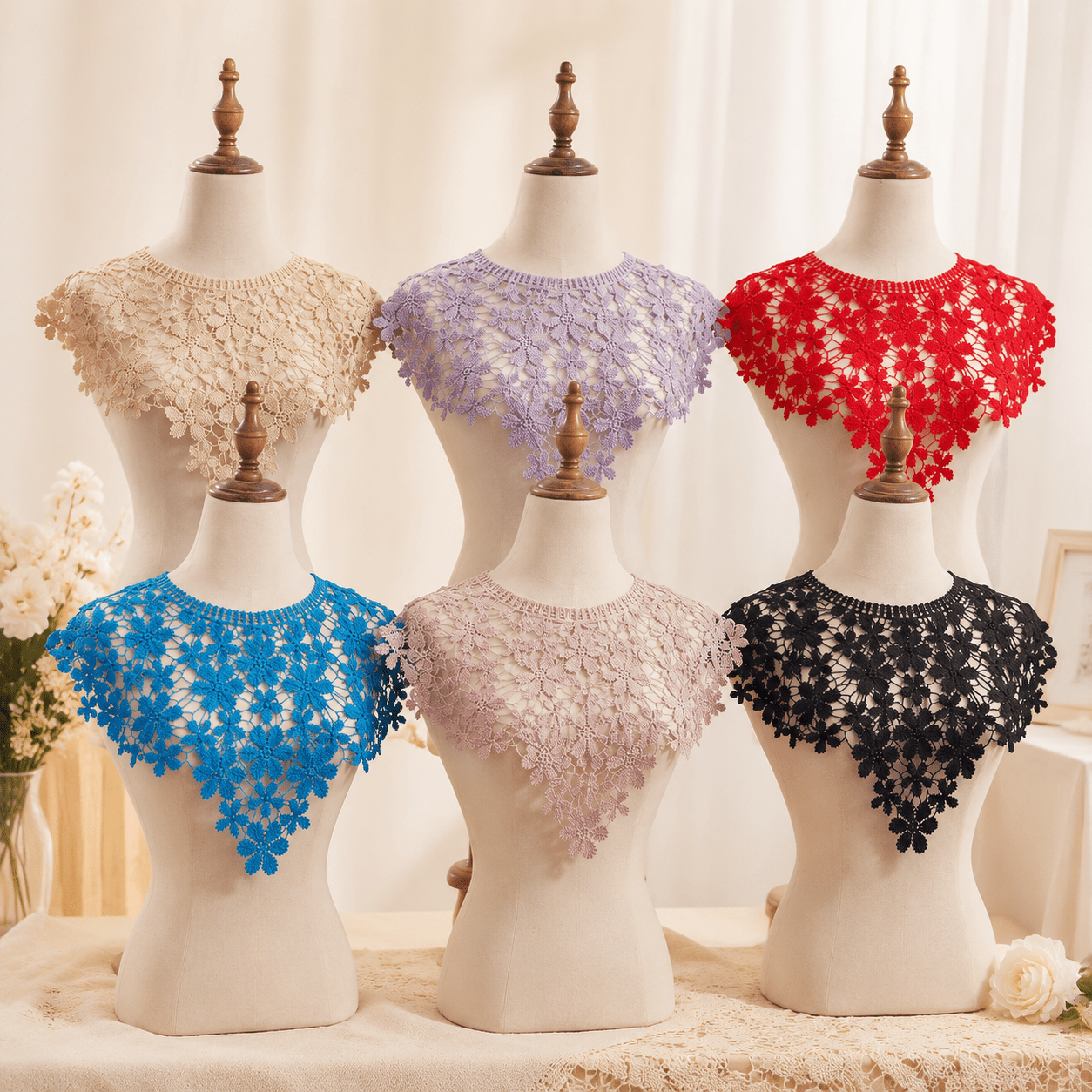 Image of Floral Lace Shawl 6pcs Lightweight Breathable Elegant Design Suitable For Dresses And Formal Occasions Multiple Color Options Spring, Summer, Fall Wear Thin Crochet Craft Detail Classic Elegant Style