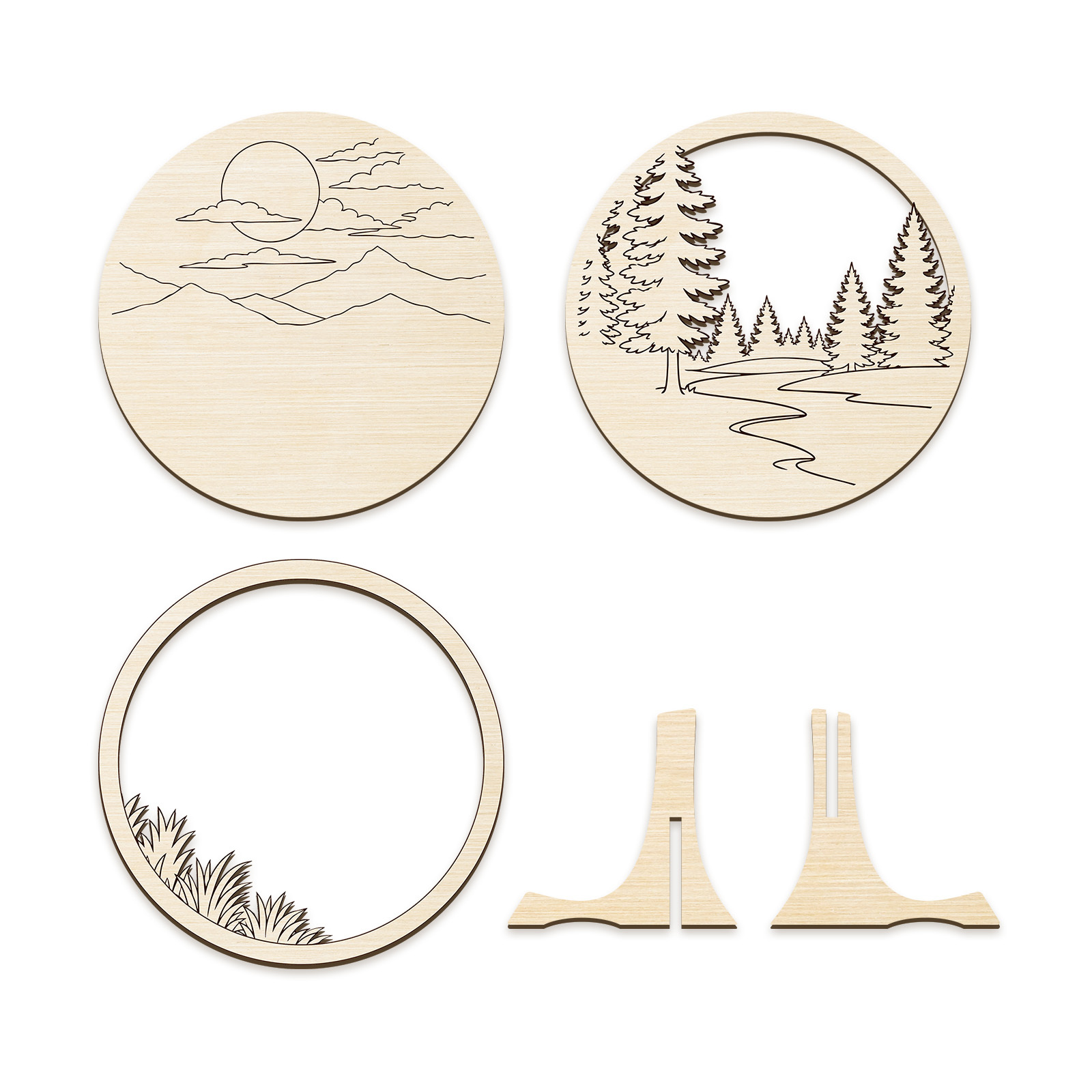 TEMU Gift, 1 Set 3-layer Unfinished Wooden Art Kit, Paintable Set, 2d Flat Natural Landscape Wall Decor, Creative Shelf Desktop Home Decoration Gift