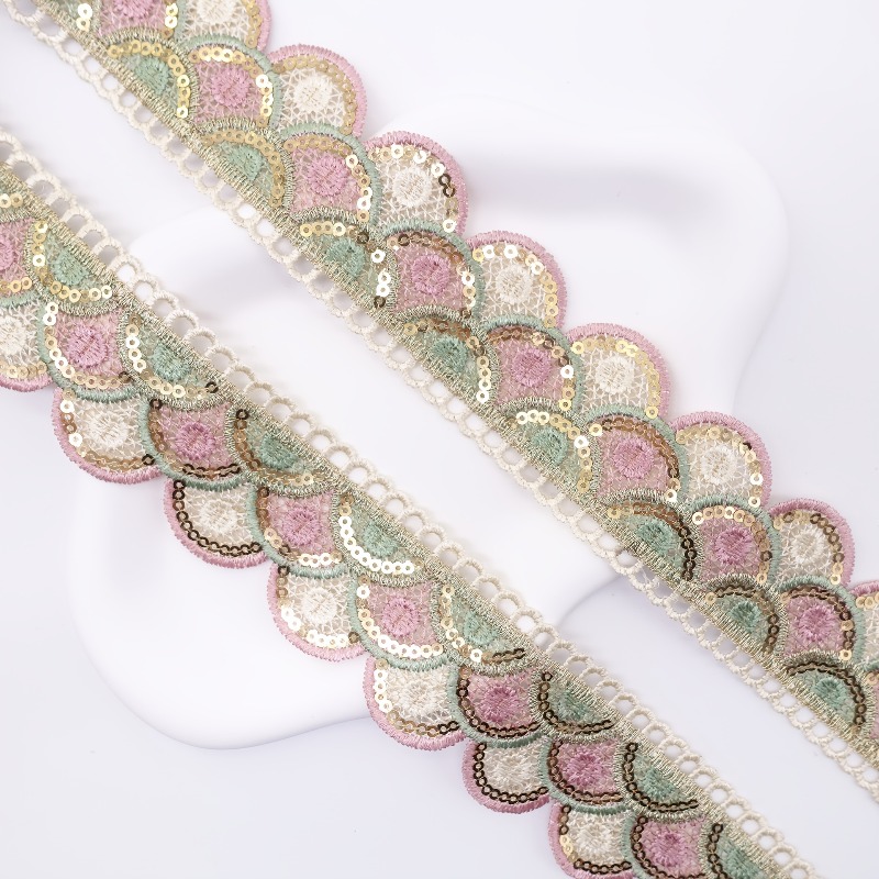 TEMU 1 Yard Handmade Sewing Decorative Scalloped .77 Inches Fan-shaped Lace Ribbon, Suitable For Sewing Crafts, With Pink And Green Petal Sequins -