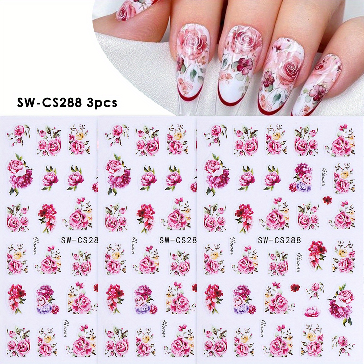 3 Sheets Of Nail Stickers Featuring Peony And Designs, Perfect For Vintage And Elegant Themed Nail Art Decorations