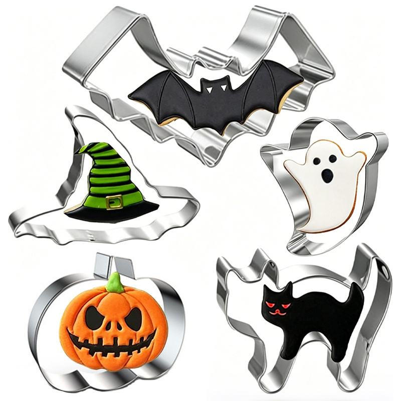 TEMU Universal Halloween Cookie Cutter Set Of 5, Made Of High-quality Food-grade 430 Stainless Steel, Features /witch Hat/pumpkin/bat/cat Cookie