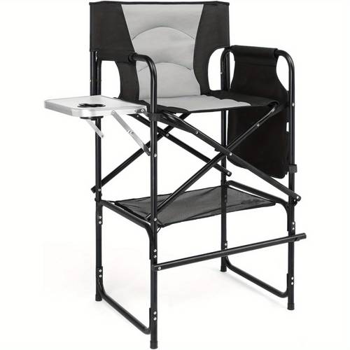 78 cm chaise de directeur haute, pliable, de charge de 120 kg, avec table latérale pliable à 90°, poche latérale et -pieds, chaise de camping pliable pour cosmétique, studio photo, événements air et camping, noir-