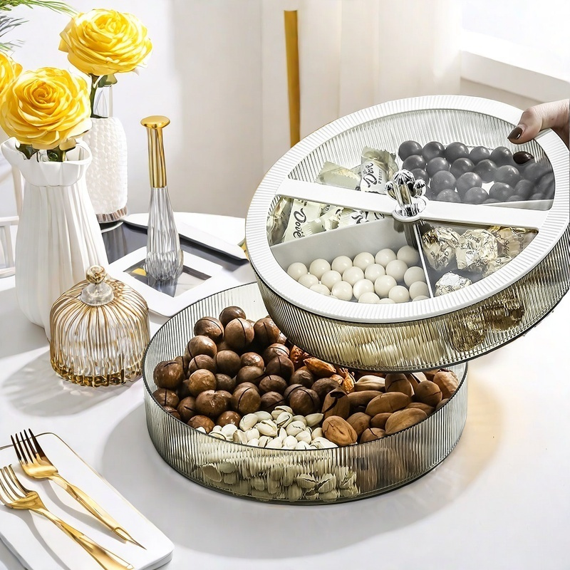 

Airtight Snack Serving Tray With Lid - 8.9" Round Plastic Nut & Dried Fruit Storage Container, Home Kitchen Organization