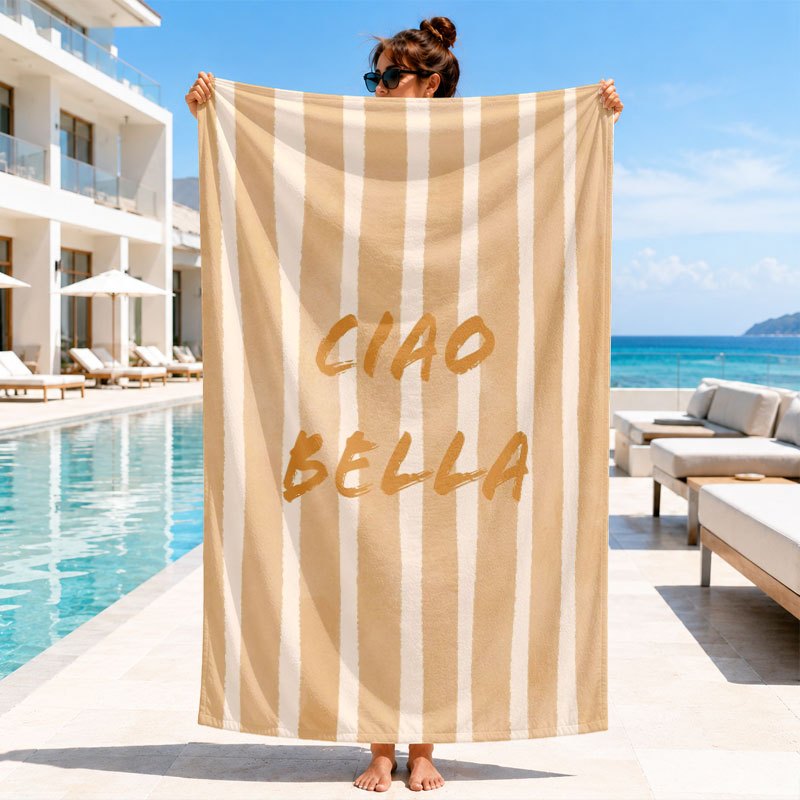 TEMU Nude Gestreepte " Bella" Italiaanse Slogan Digitale HD Gedrukte Microfiber Strandlaken, Zacht en Absorberend, Lichtgewicht en Sneldrogend,