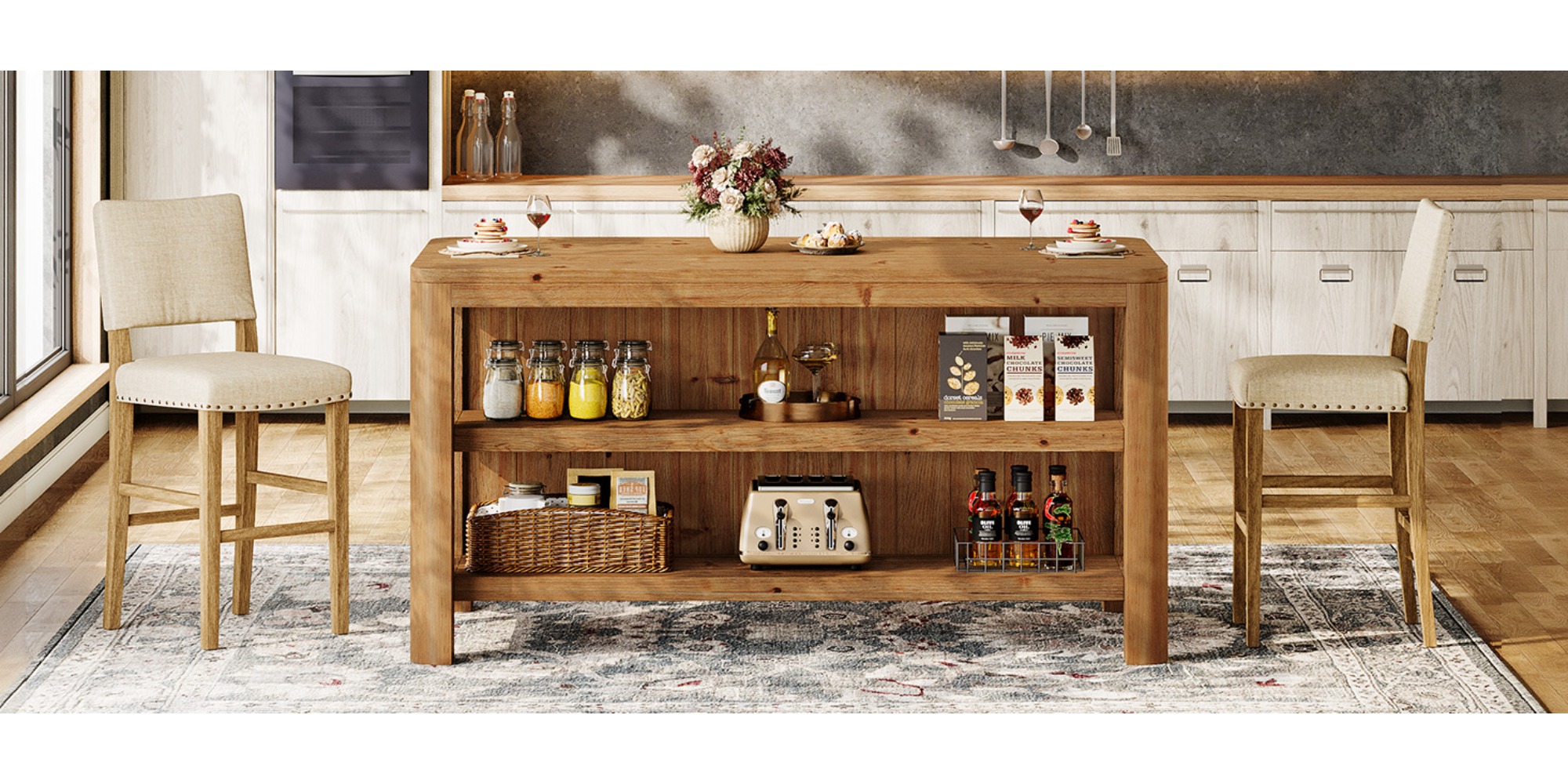 63-Inch Solid Wood Kitchen Island with Ample Storage Shelves, Farmhouse Style Kitchen Island Table with Seating, Counter Height Bar Table for Dining Room & Kitchen, Sturdy Construction & Easy to Assemble