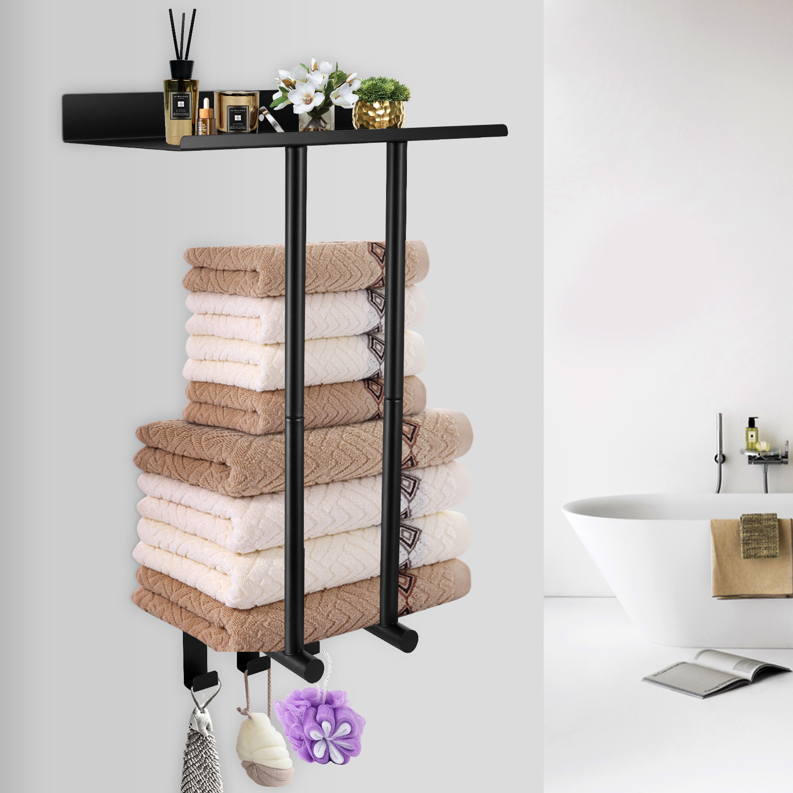 Image of Towel Rack Wall Mounted, Bathroom Towel Storage With Shelf And 3 Hooks For Small Bathroom, Bathroom Towel Holder Can , Towel Racks