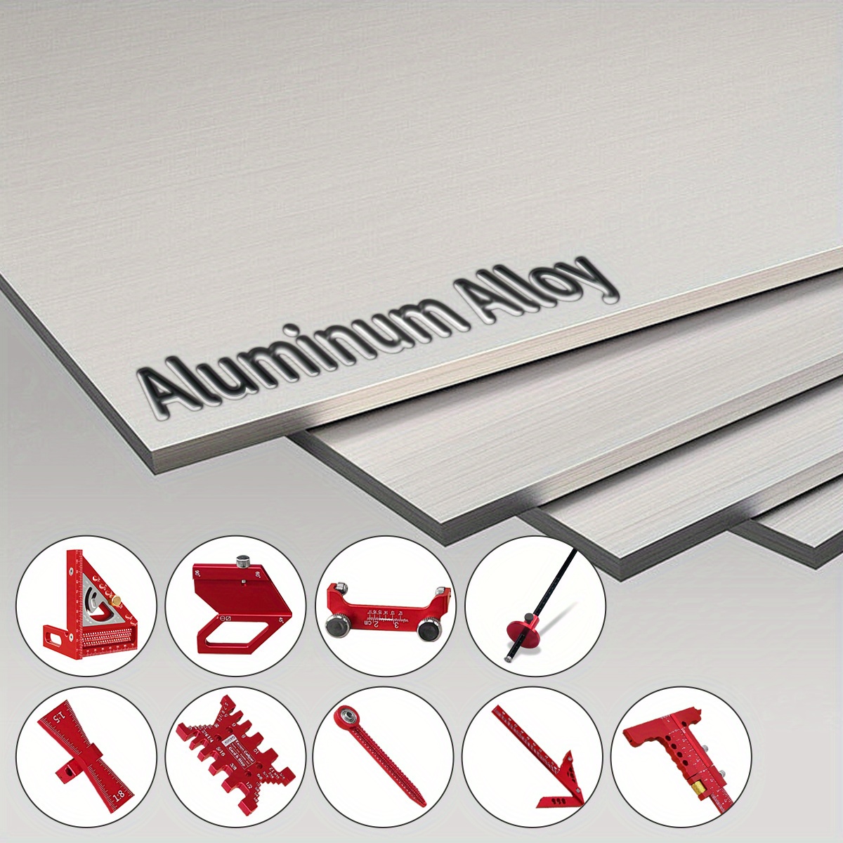 10件套木工测量工具套件带收纳箱，木工项目规划布局木板拼接辅助套件：多角度组合三角尺，定角磨刀器，燕尾规，欧式划线器，卡规，卡尺标尺二合一，中心划线器，直尺夹，画圆规 商品详情 11