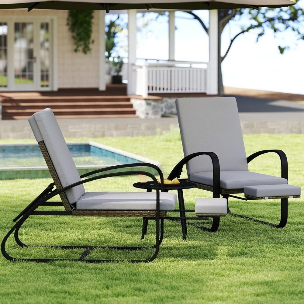 Set with Table Patio Chaise Lounge Chairs, Patio Recliner Chair, Outdoor Furniture Set 5-Position Adjustable, Outdoor, Bench for Deck, Lawn, Garden