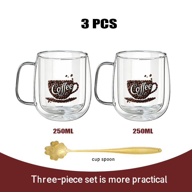 TEMU Ensemble de 3 pièces (2 tasses + 1 cuillère) Tasse à double paroi en verre borosilicaté avec motif au design , convient pour , et les boissons