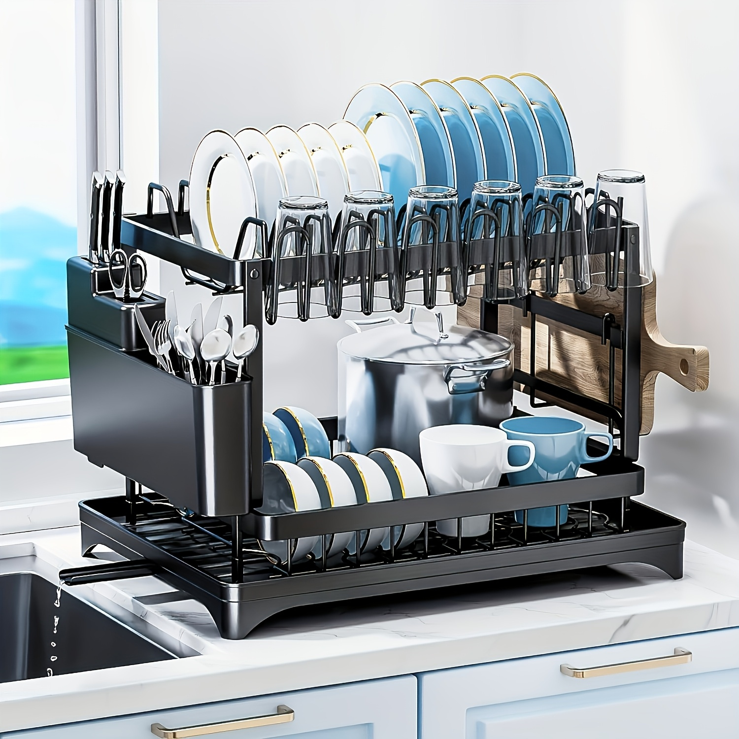 TEMU Large-capacity Double-layer Carbon Steel Kitchen Dish Rack With Thickened Stand, A Metal Dish Drainer With Utensil Holder, Rack Usable In , With
