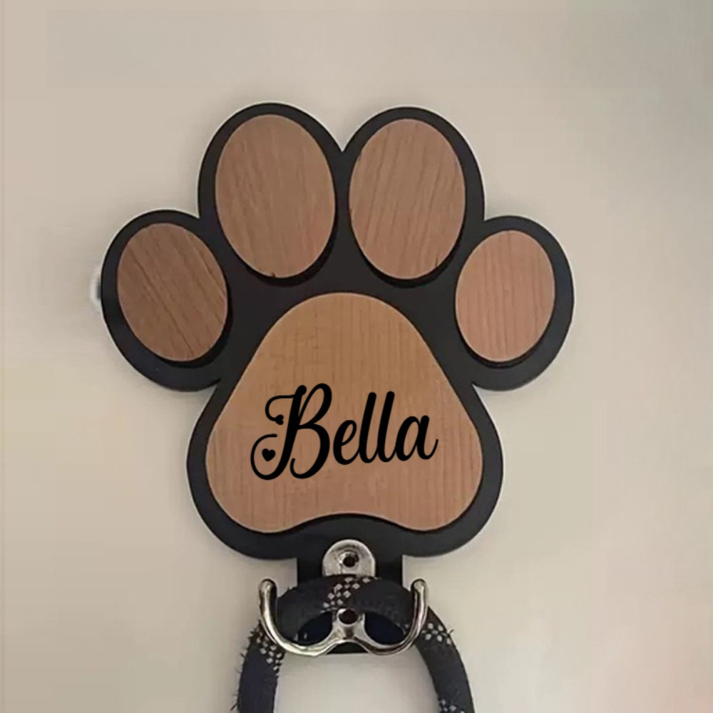 Image of Personalized Custom Name, Paw Print Wooden Dog Leash Hook, Custom Wall Hook - Suitable For Collars And Coats, Durable Wood Design, Keepsake Gift For Pet Lovers