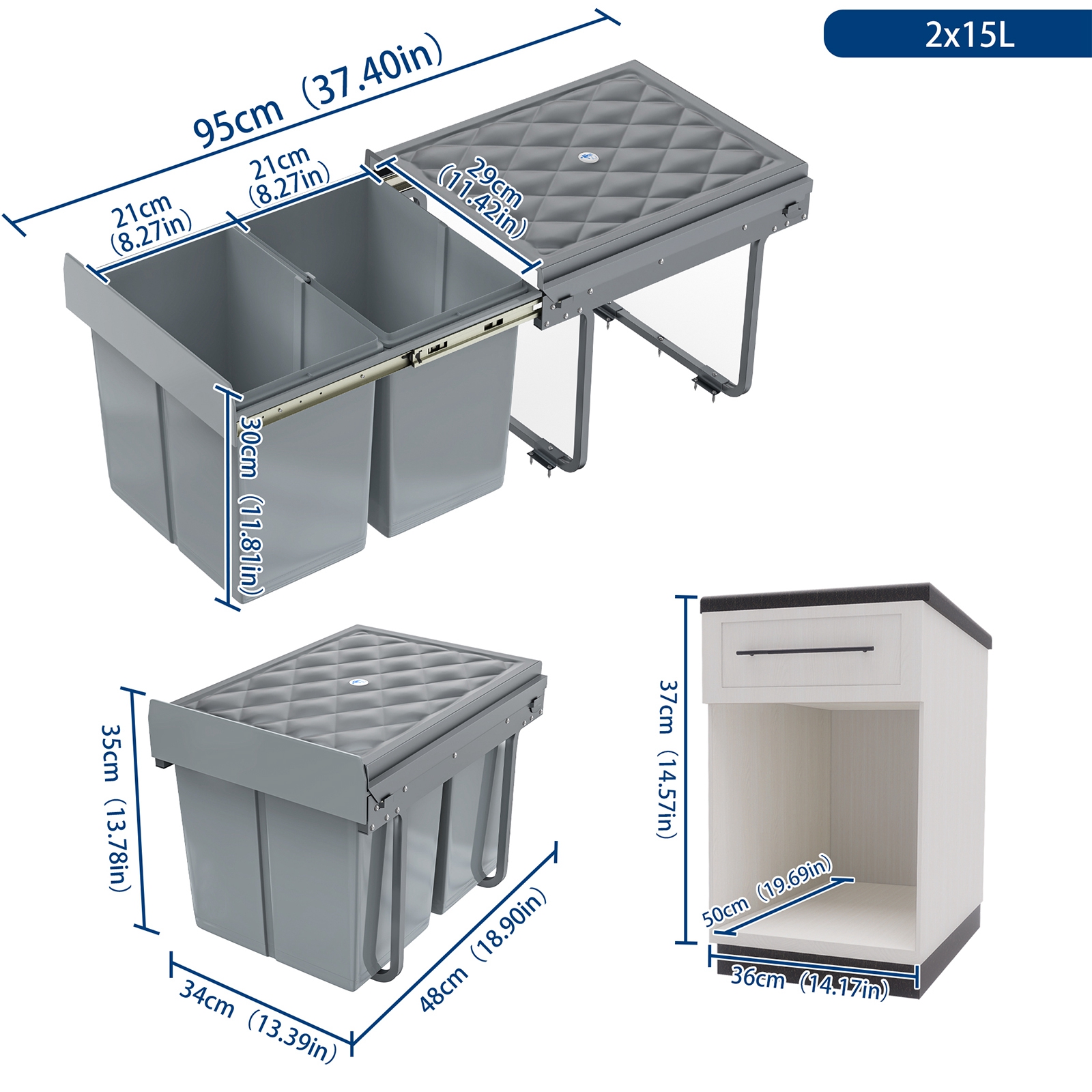 30l/40l Built-in Waste Sorting /3 Removable Waste Collectors Tandem Pull-out With Telescopic Rails For Kitchen Grey