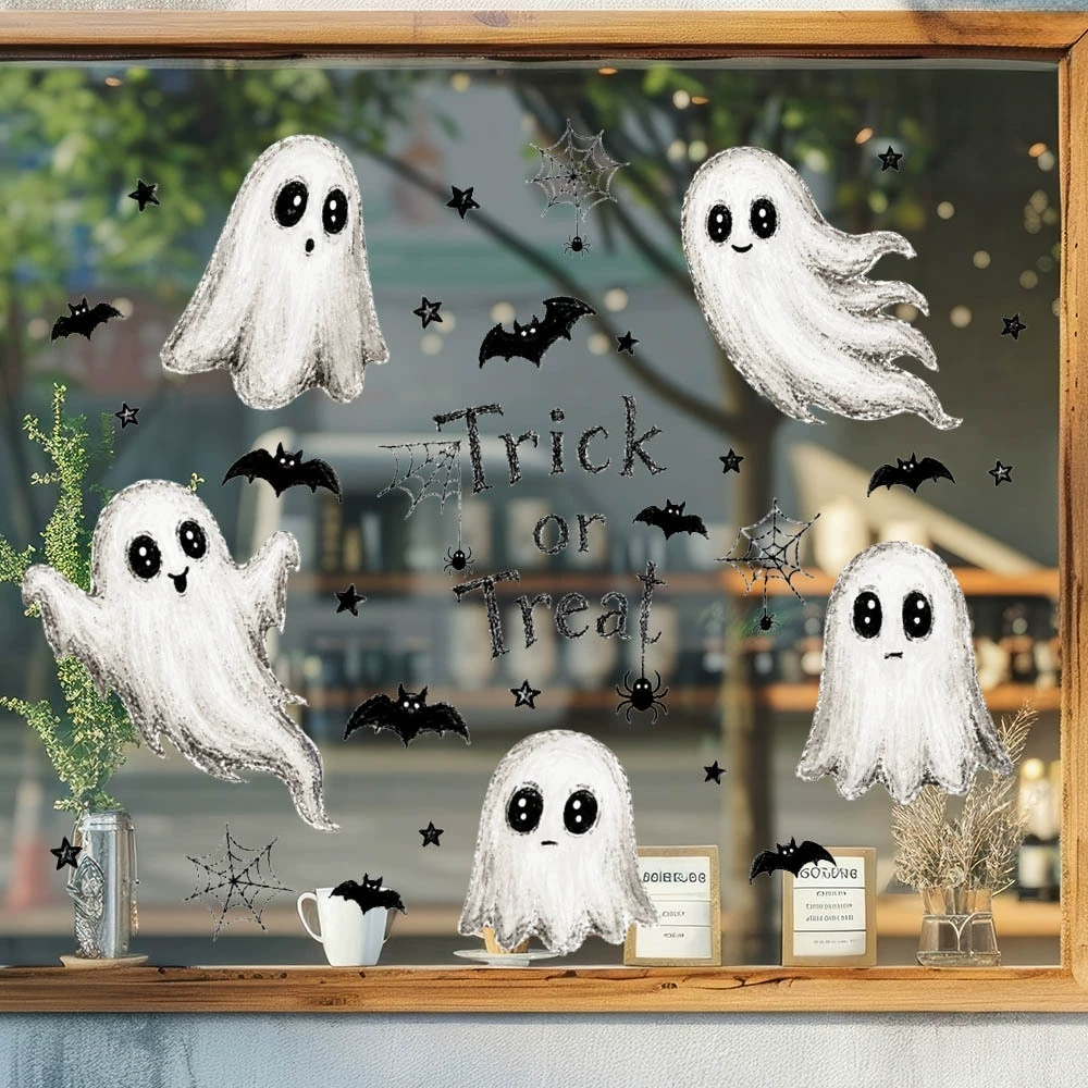 TEMU 1pc Halloween Hand-painted Cute Window Cling, Adhesive-free Reusable Static Cling, Doodle Style Bat Spiderweb Pattern Window Sticker, Decoration