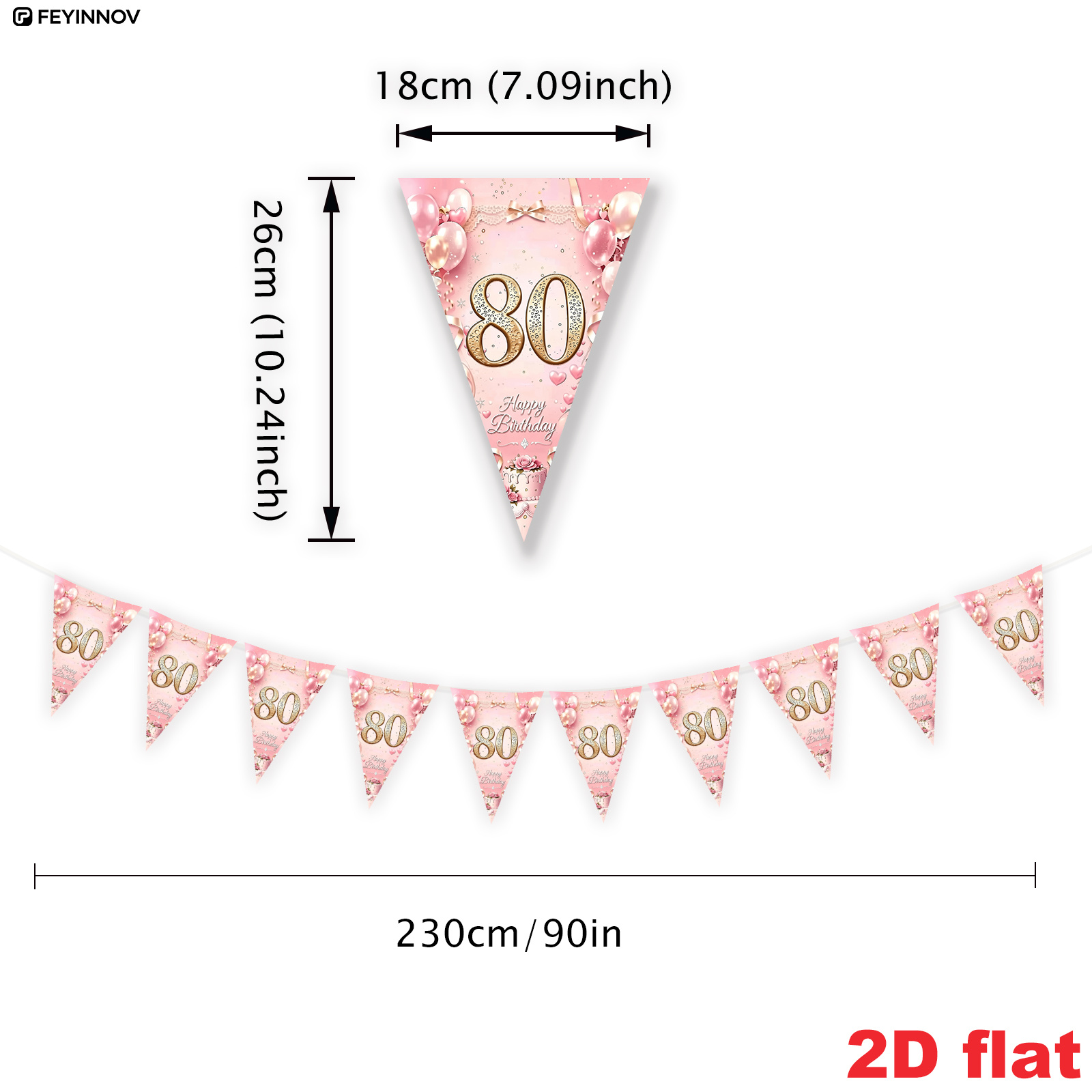 TEMU 2d Flat, 2d Flat Banner Party Pennant, 10pcs, Material, Rose Luxury 80th Birthday Theme Triangle Pennant Decoration, Light Luxury Gentle , For