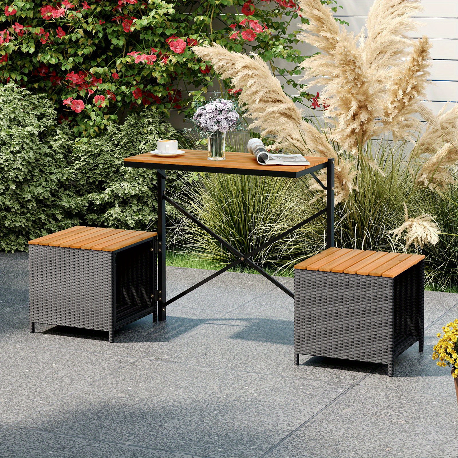 LIFEZEAL 2-in-1 Outdoor Convertible Bench, Transforming Interchangeable Picnic Table Garden Loveseat, PE Rattan Acacia Wood Foldable Table and Chairs Set with Metal Frame, for Porch Backyard & Deck
