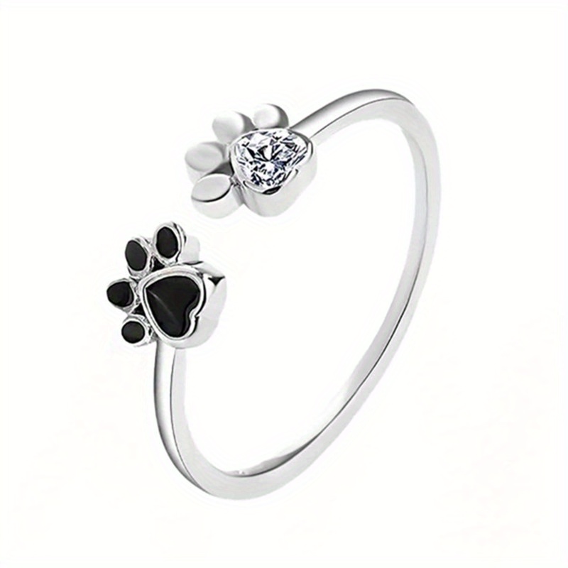 Image of Sweet Cute Enamel Cat Paw Ring Inlay Heart Shaped Synthetic Zirconia Adjustable Opening Ring For Women Daily Party Casual Accessories Graduation Season Back To Jewelry
