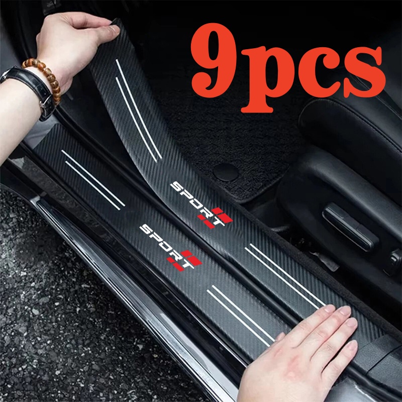 Image of Set Of 9 Car Door Sill Strips, Featuring A Carbon Fiber Design For Foot Pedal Protection, Decorative Stickers For Thresholds
