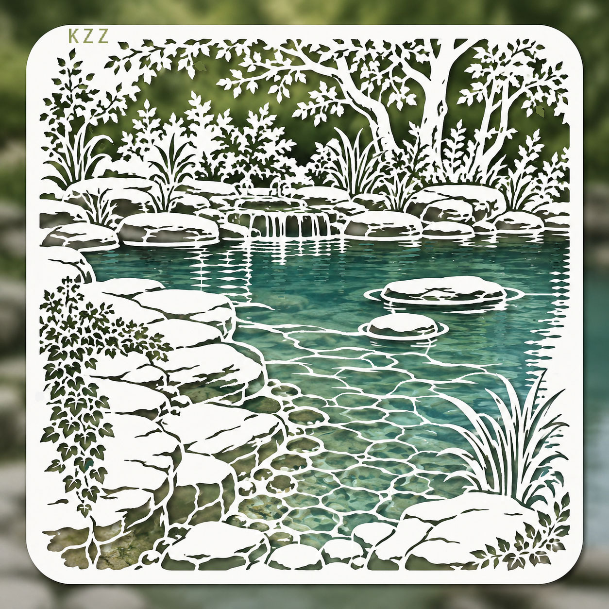 TEMU Kzz Oriental Zen Garden Pond Waterfall Stencil 11.8x11.8 Inch Reusable Pet Template With Stone Reed Plant Pattern For Canvas Painting, Scrapbook