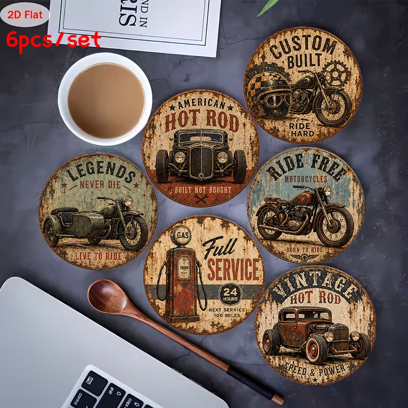 TEMU Ensemble de 6 boules à moucher en bois à impression plate 2D, voiture de sport rétro modifiée, avec rétro vieilli "SPEED & POWER", cadeau idéal