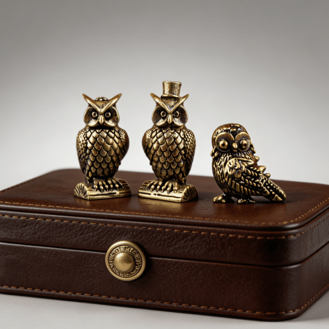 TEMU [owl Family Brass Statue] 3pcs Mini Brass Owl Figurine Set, Retro Bronze Cute Owl Statue With Top Hat, Handmade Collectible Animal Sculpture,