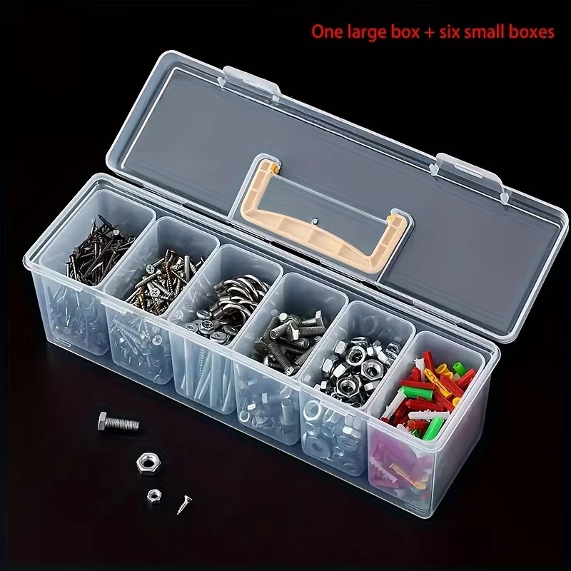 TEMU 7pcs Set: 6 Small Boxes   1 Large Box, Multi-compartment Transparent Tool Storage Case, Household Organizer For Screws, Wrenches