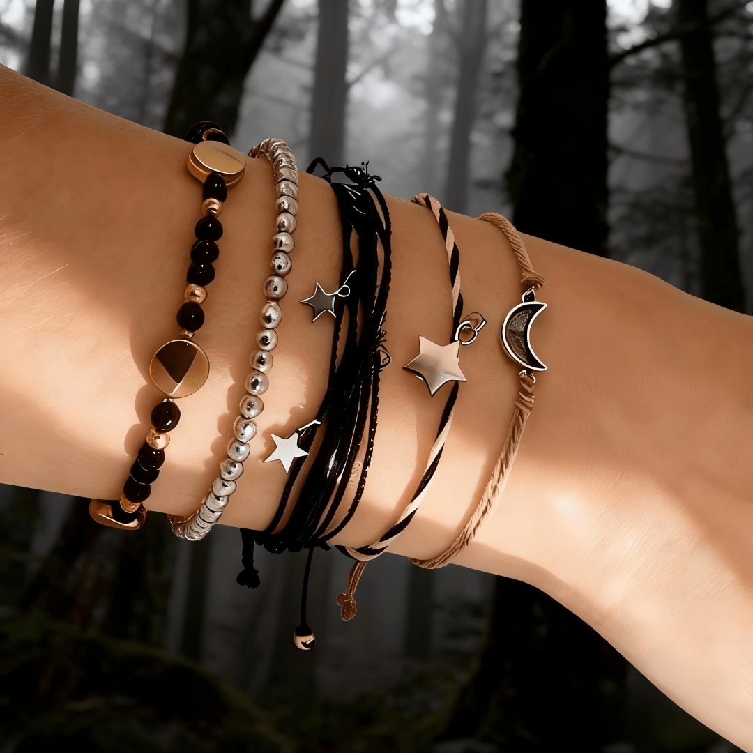 TEMU 5pcs Women's Bohemian Antique Style Versatile Star And Moon Pendant Beaded Adjustable Braided Bracelet Set, For Daily Wear, Vacation, Parties,