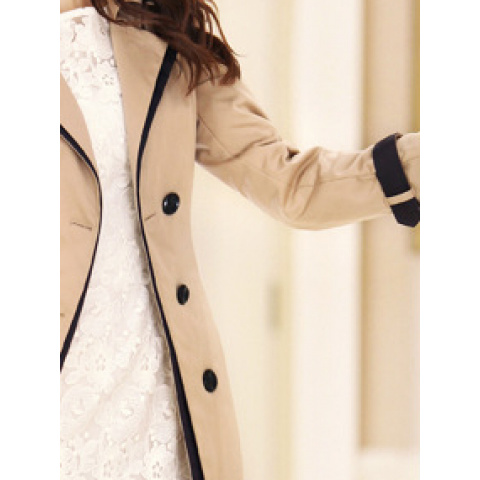 Abrigo de lona elegante para mujer, doble botonadura, color beige y azul marino, estructurado, no elástico, formal y casual, cintura ceñida, para oficina, fiestas, uso diario, diseño sofisticado, tejido duradero, chaqueta elegante, para amantes de la moda, ropa de oficina, material de alta calidad, mujeres conscientes de la moda.