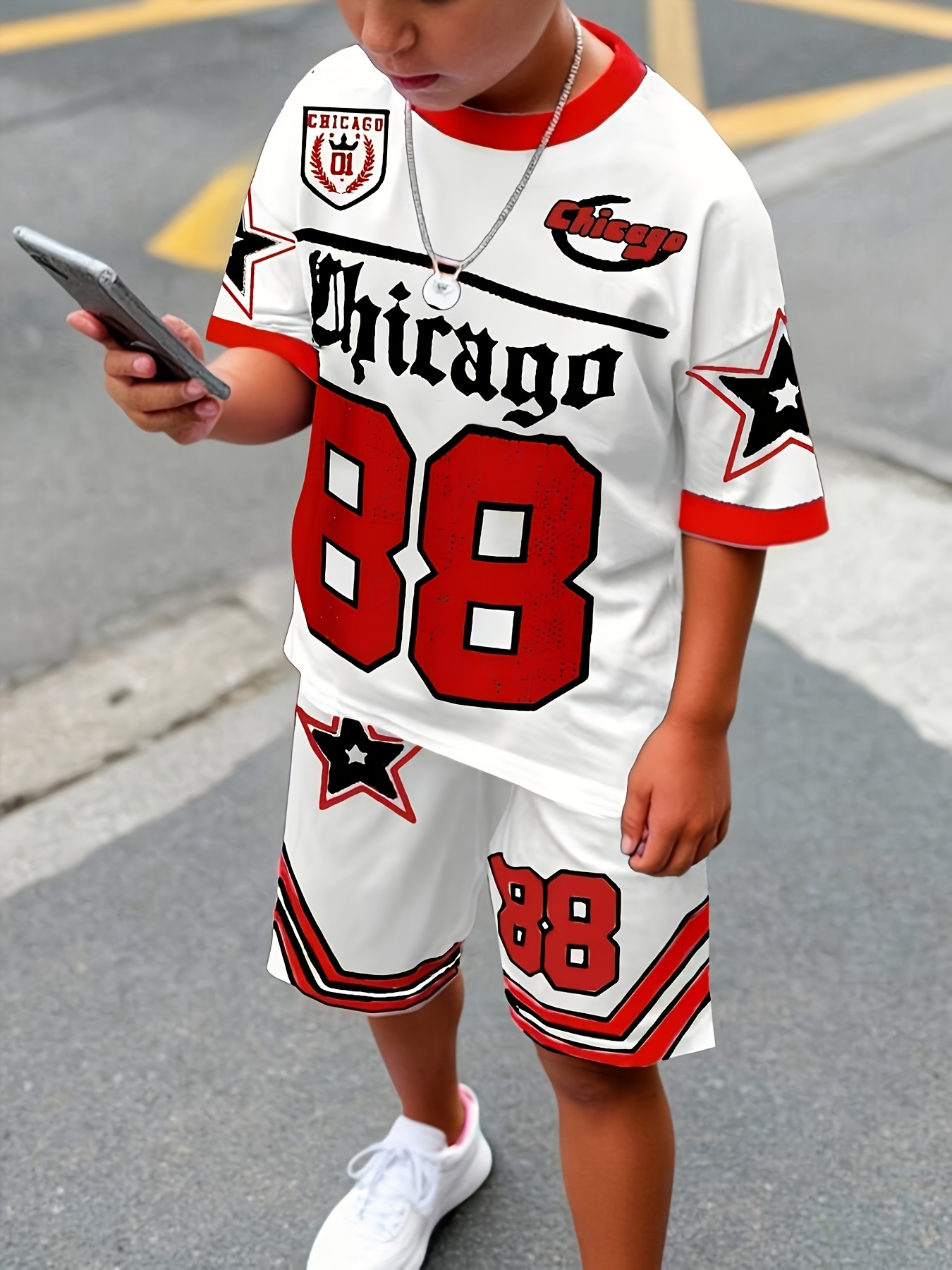 spring summer boys 2pcs set youth casual   cool baseball sports style chicago text and   short sleeve crew neck t shirt and shorts set   outdoor