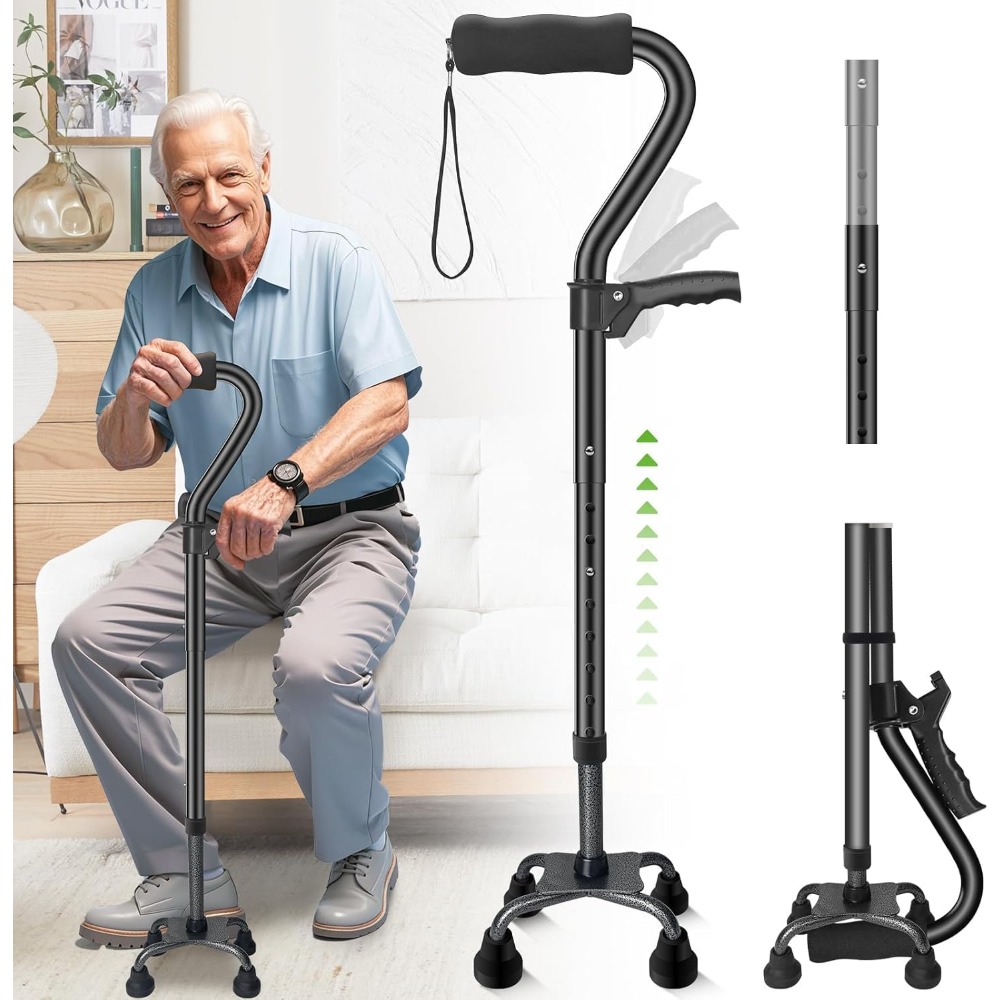 Image of High Quality 1set Folding Four-legged Anti-slip Crutch, 8-gear Height Adjustable, Suitable For Men And Women Of Different , Suitable For People With Mobility Difficulties.